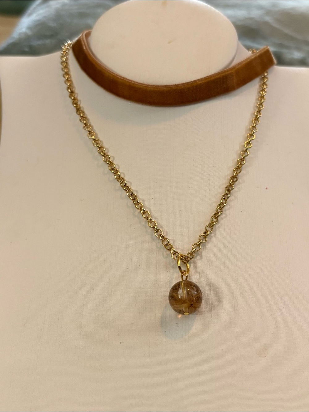 Gold Chain Necklace with Amber Bead Pendant - Women Jewelry